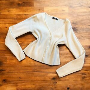 Brandy Melville Ivory Ribbed Cropped Grandpa Sweater Cardigan Small S